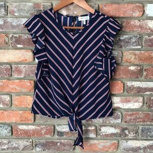 Monteau Small Red White Blue Striped Front Tie Short Flutter Sleeve Blouse Top